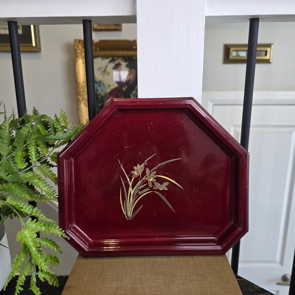Vintage Japanese Lacquer Octagonal Tray Burgundy Gold Floral Decor 10.5"